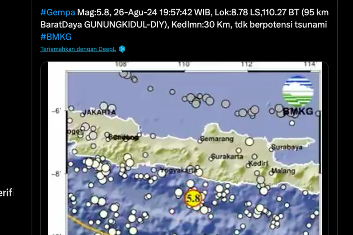 Gempa M 5,4 Guncang Barat Daya Gunungkidul Malam Ini, Getaran Terasa hingga 14 Wilayah Jateng dan Jatim
