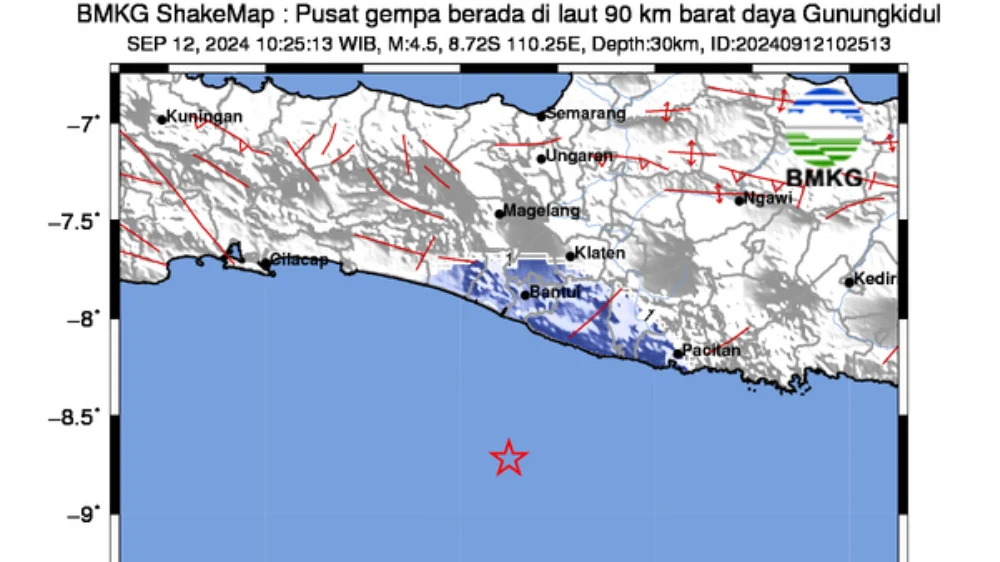 Gempa M 5,4 Guncang Barat Daya Gunungkidul Malam Ini, Getaran Terasa hingga Ponorogo dan Klaten