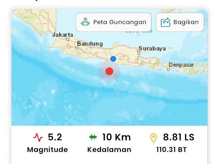 Gempa M 5,4 Guncang Gunungkidul, Pusat Gempa Dangkal di Laut Selatan Jawa