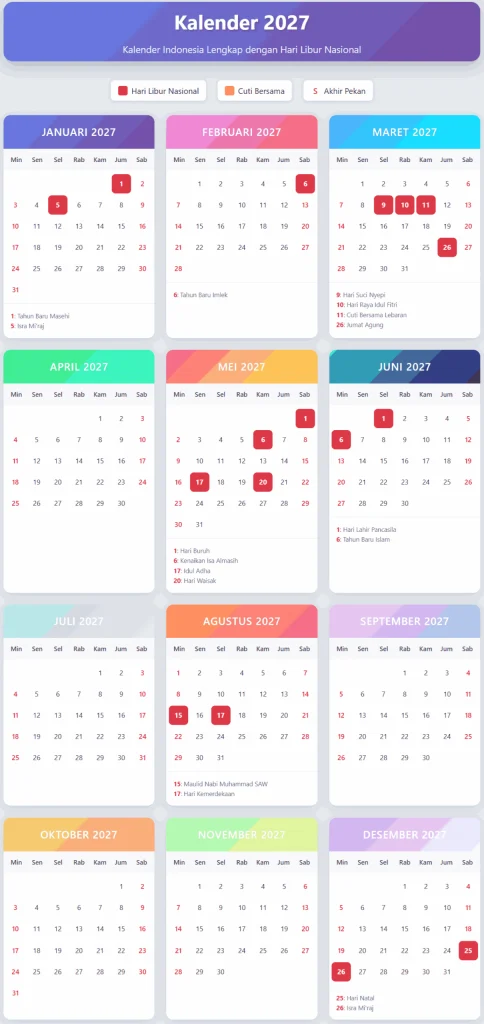 Kalender 2027 Lengkap dengan Tanggal Merah Resmi: 18 Hari Libur Nasional dan 8 Cuti Bersama, Catat Sekarang!