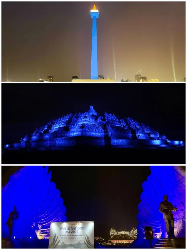 Monas, Borobudur, dan IKN Bersinar Biru Peringati HUT ke-81 PBB, Simbol Perdamaian Global