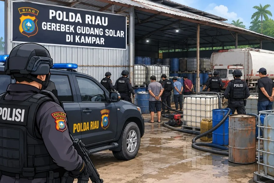 Polda Riau Gerebek Gudang Solar Ilegal di Lipat Kain, Warga Sempat Menghalangi Petugas
