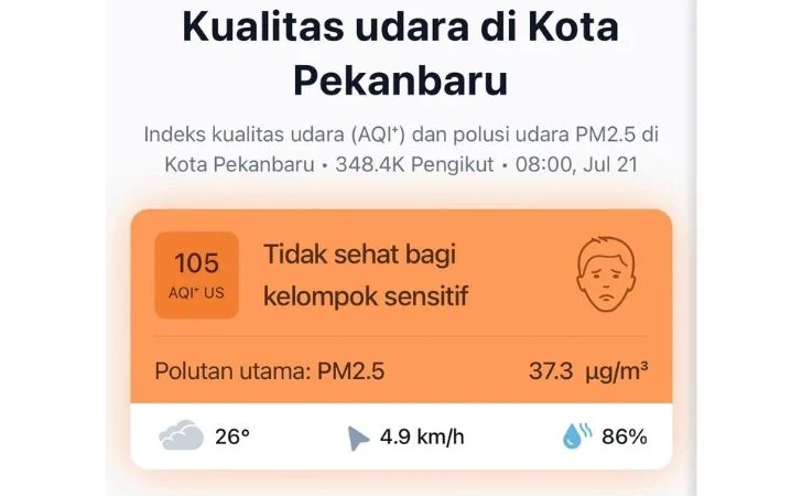 Udara Pekanbaru Pagi Ini Sangat Tidak Sehat AQI Tembus 215, Warga Harus Waspada
